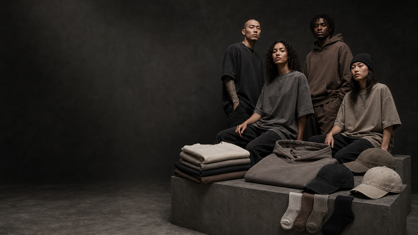 Streetwear collection direction across T-shirts hoodies caps and socks